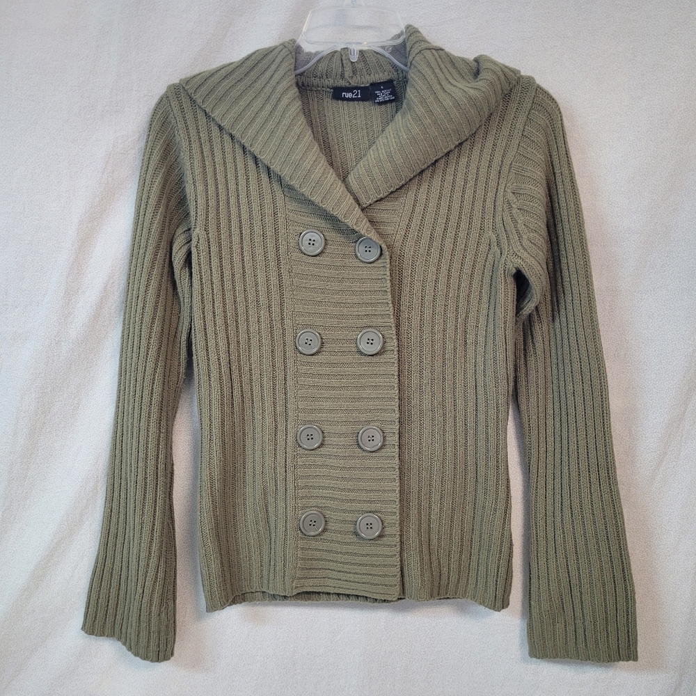 Olive Double-Breasted Hooded Ribbed Cardigan Women Large Cozy Preppy Cottagecore